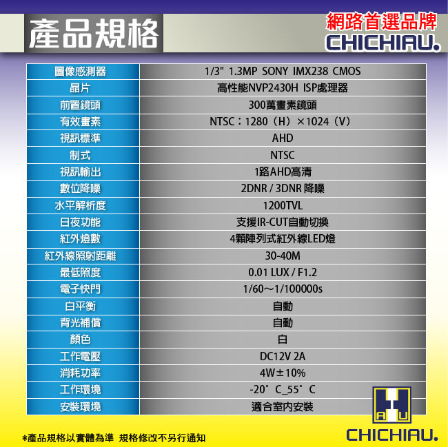 監視器攝影機 - CHICHIAU AHD 720P SONY 130萬畫素四陣列燈半球型夜視