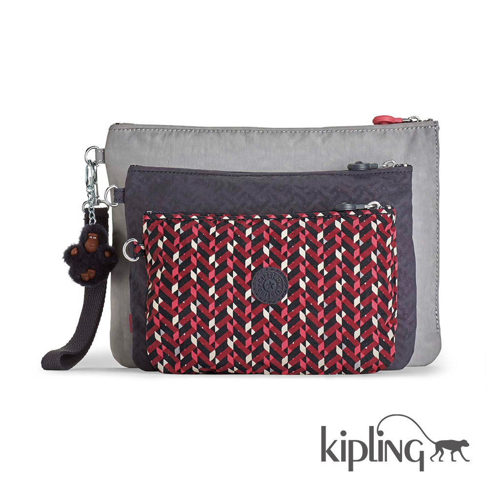 Kipling 化妝包 磚紅撞色印花-中