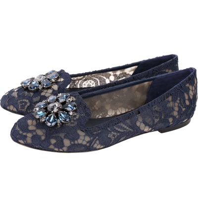DOLCE & GABBANA 花朵鑽飾蕾絲樂福鞋(藍色)