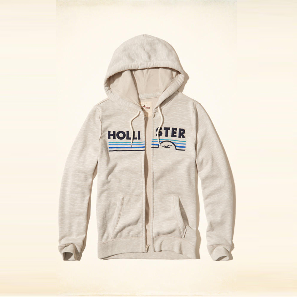 HCO Hollister 海鷗 經典刺繡文字海鷗連帽外套-米灰色