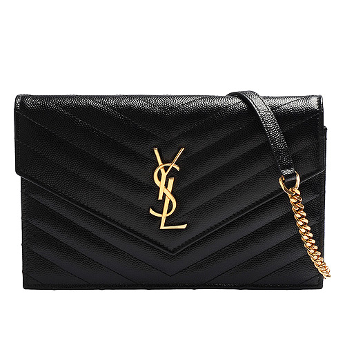 YSL MONOGRAM系列V字縫線魚子醬牛皮金屬LOGO金鍊肩背信封包(黑)