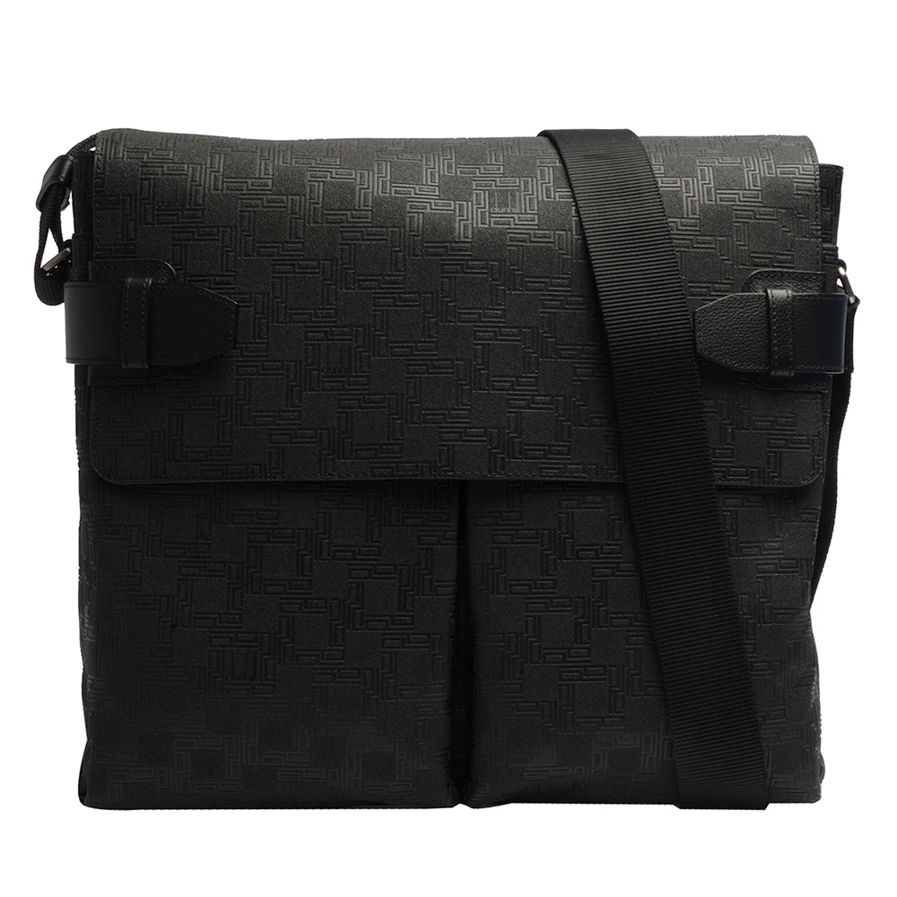 Dunhill 經典滿版LOGO壓紋PVC穿帶造型斜背雙袋書包(黑)