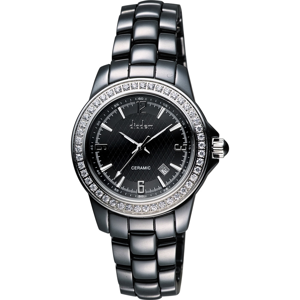 Diadem 黛亞登 菱格紋晶鑽陶瓷腕錶-黑/35mm