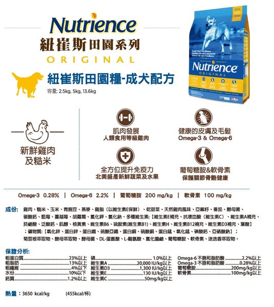 美國Nutrience紐崔斯 雞肉+田園蔬果成犬配方 2.5kg 1入