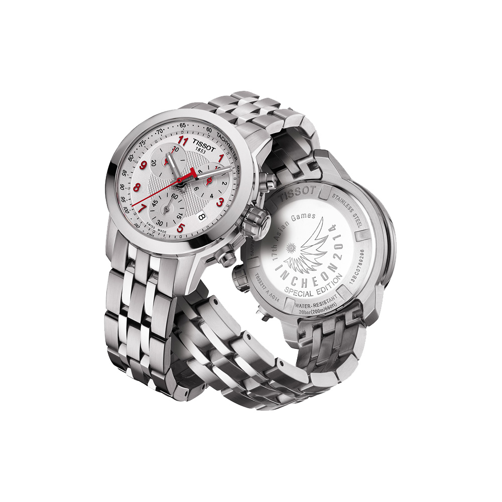 TISSOT 天梭 官方授權 T-Sport PRC200 亞運會特別版三眼計時腕錶-銀/34mm