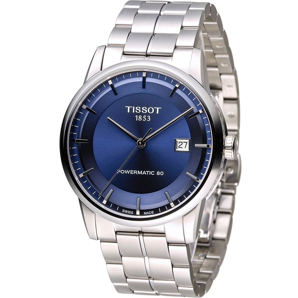 TISSOT 天梭 LUXURY 動力儲存80小時機械腕錶-藍/41mm