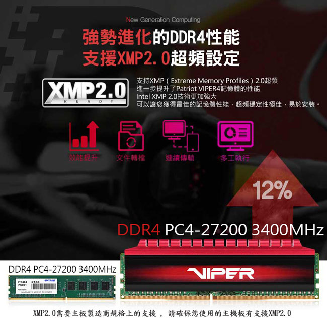 Patriot Viper毒蛇四代 DDR4 3400 16GB (2x8G)桌上型記憶體