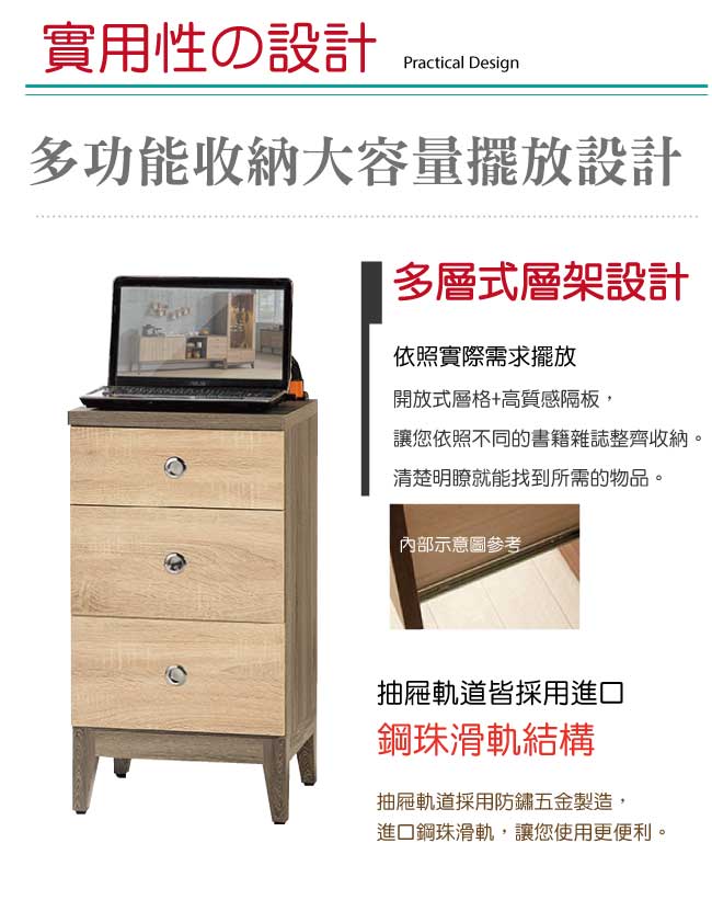 品家居 馬丁1.3尺木紋雙色三抽收納櫃-39.4x40x75.1cm免組