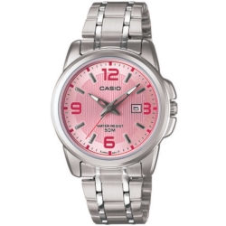 CASIO 簡約經典時尚指針日曆腕錶(LTP-1314D-5)粉紅面/33mm