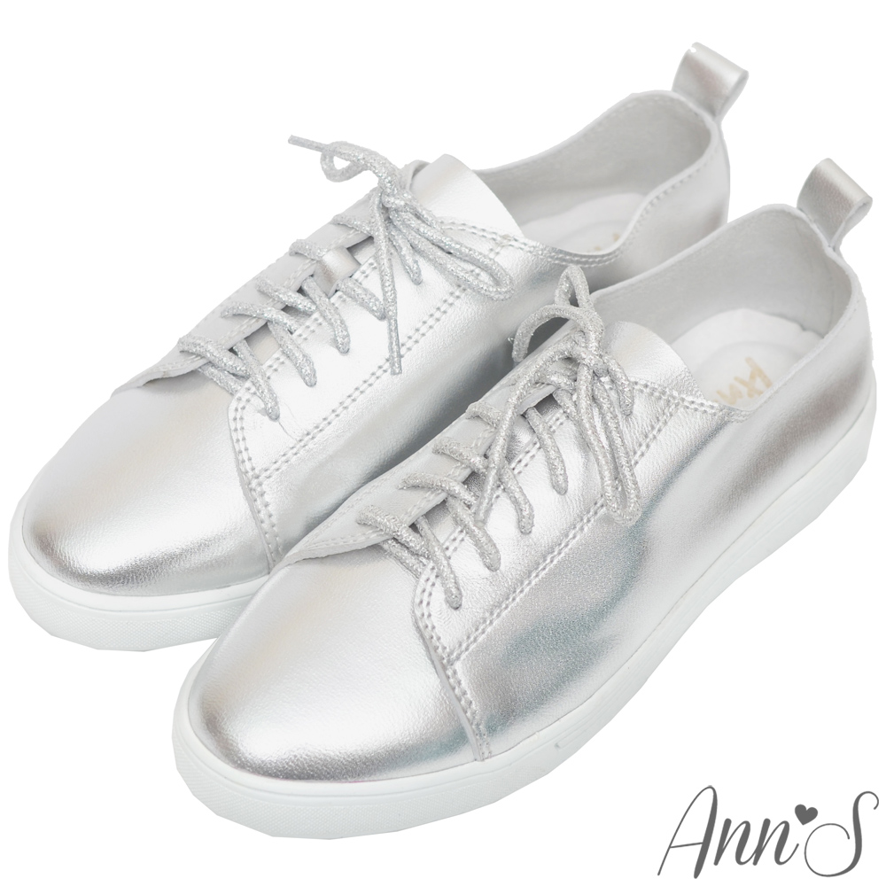 Ann’S第二代超軟真牛皮綁帶小白鞋-銀