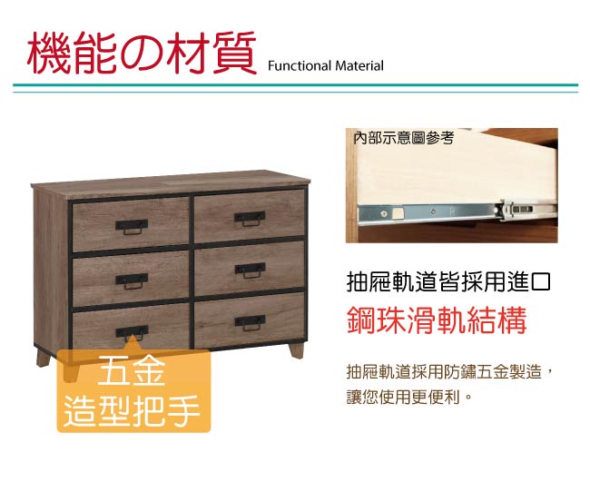 品家居 萊森3.6尺橡木紋六斗櫃-109x40x76cm免組