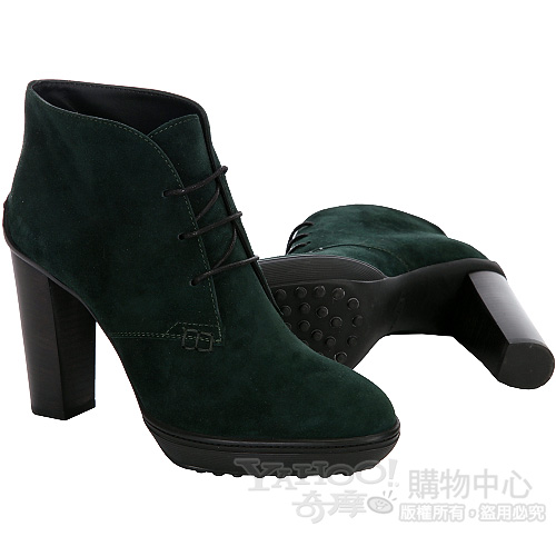 TOD’S 綠色麂皮綁帶設計粗跟踝靴