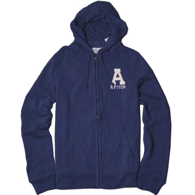 A&F Abercrombie & Fitch LOGO貼布刷長袖帽T外套-藍