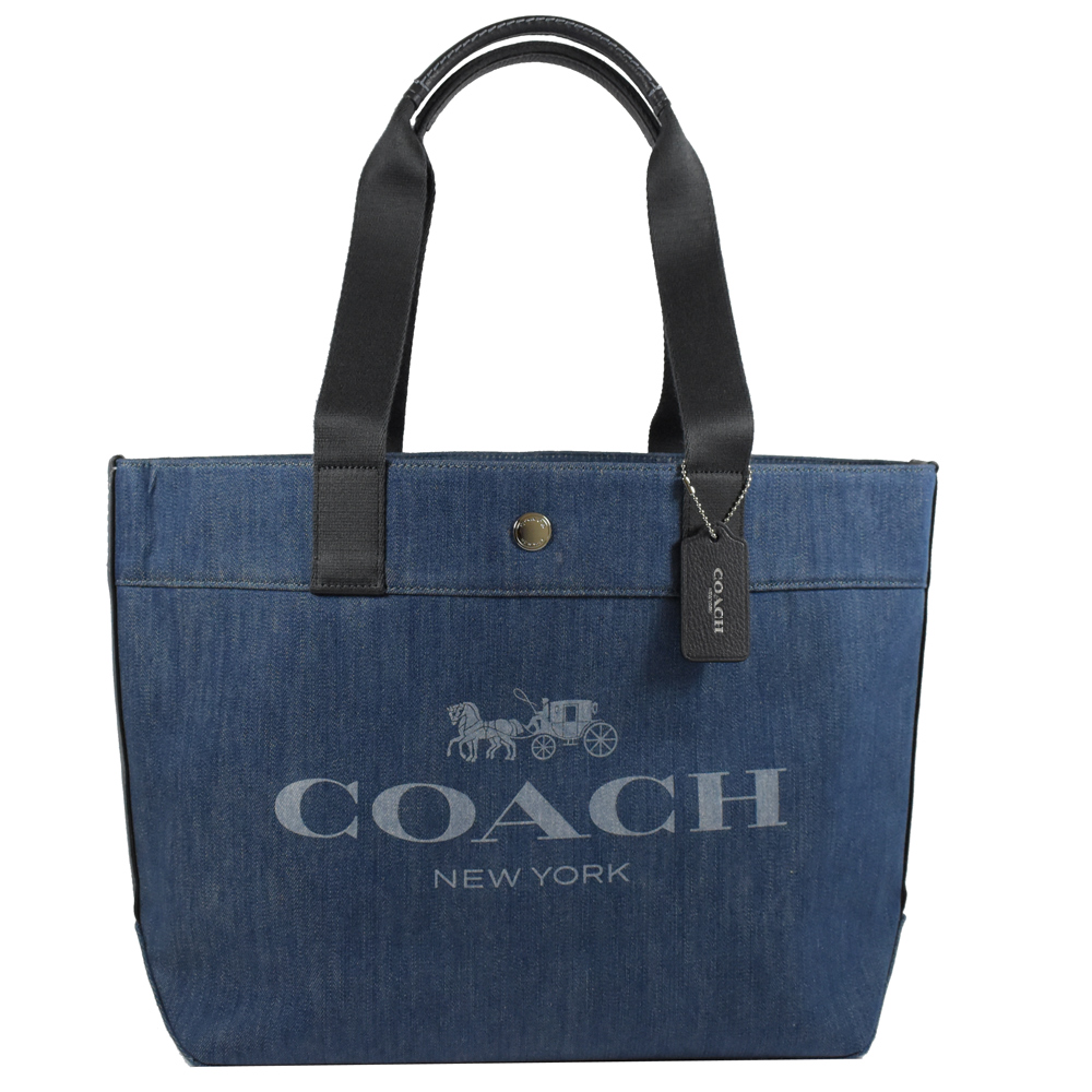 COACH 大LOGO單寧簡約托特包(藍)