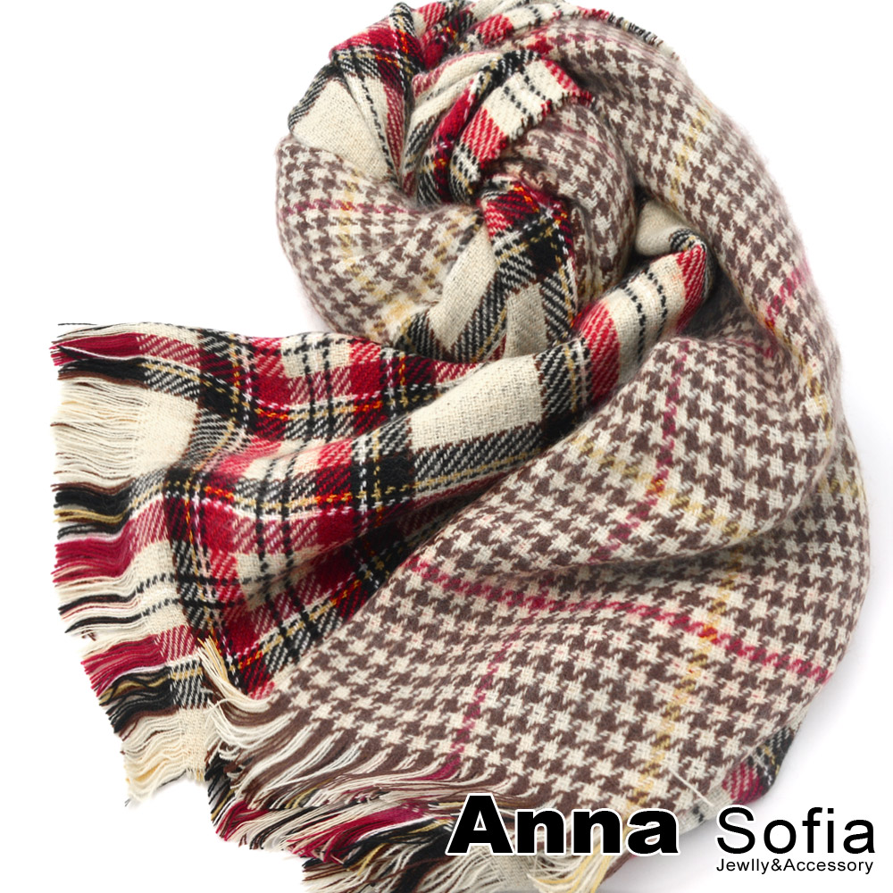 AnnaSofia 蘇格蘭雙面 毛料鬚邊圍巾(米底格)