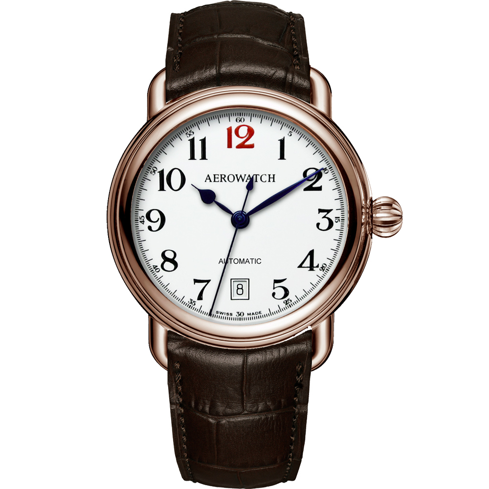 AEROWATCH 復刻紳士時尚機械腕錶-玫瑰金框x咖啡/40mm