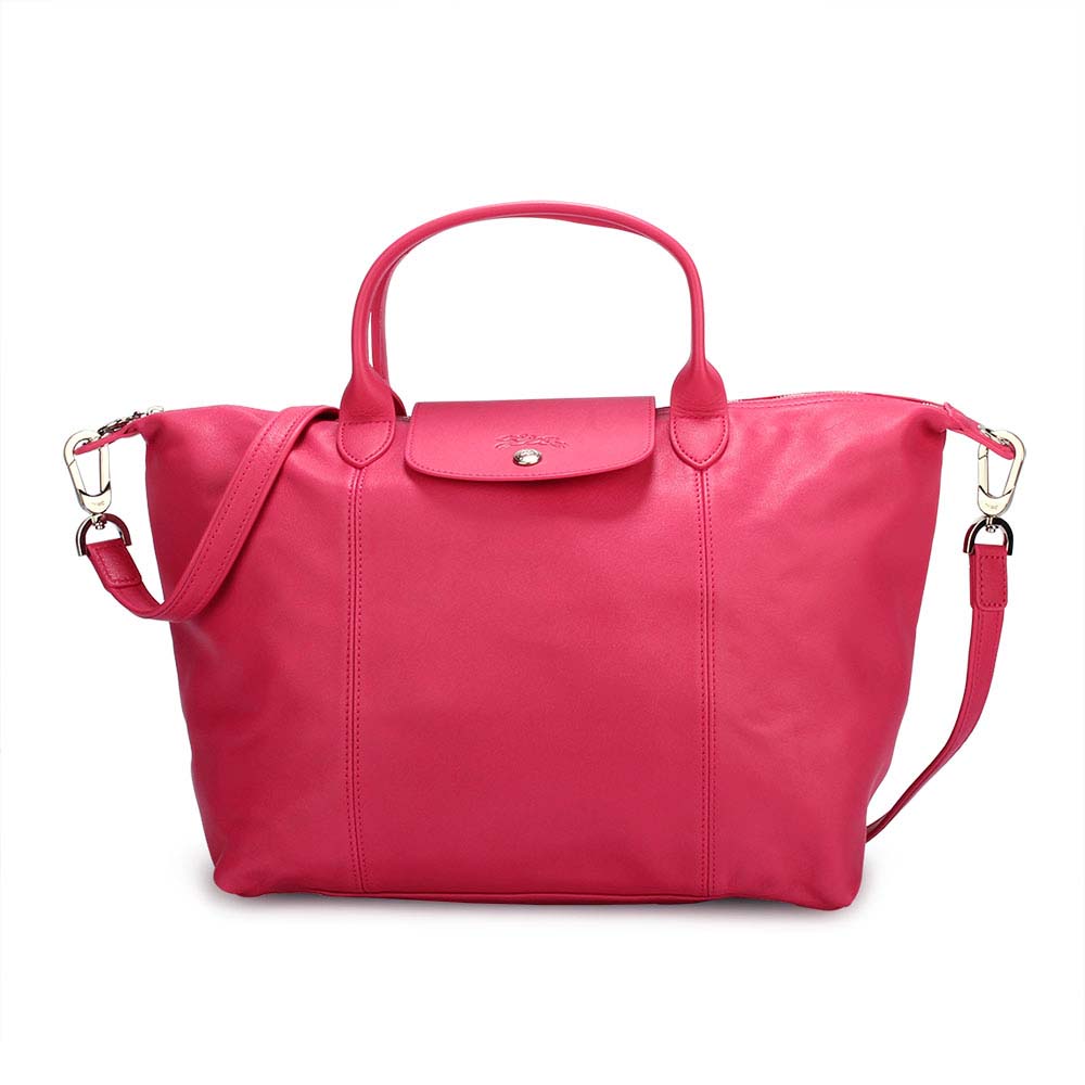 Longchamp Le Pliage Cuir小羊皮短把折疊中型水餃包-桃紅色