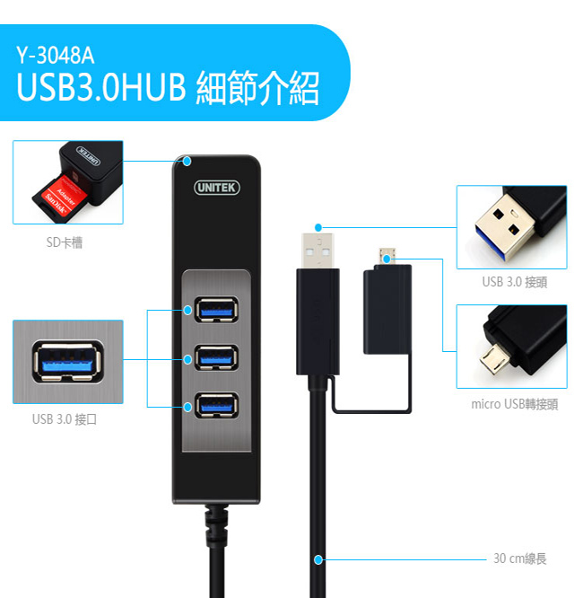 UNITEK 優越者USB3.0 3Port Hub讀卡機 + OTG轉接器