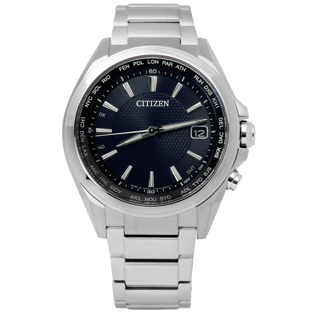 CITIZEN 穩重商務藍寶石水晶光動能鈦金屬腕錶(CB1070-56L)-深藍/40mm