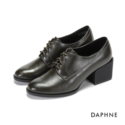達芙妮DAPHNE 休閒鞋-繫帶拼接粗高跟牛津鞋-橄欖綠