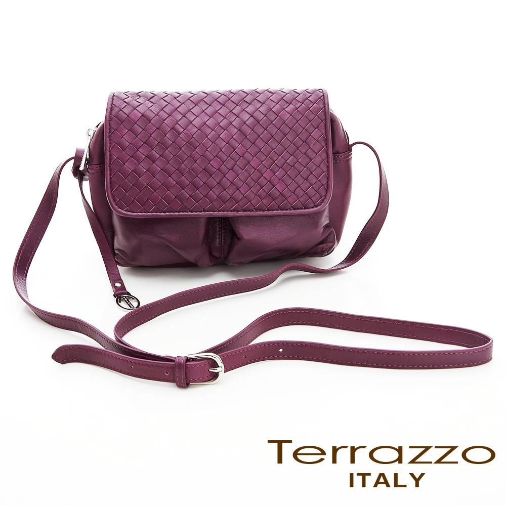 義大利Terrazzo - 小羊皮手工十字編織斜背包(雙格) - 紫紅色 17G2839C