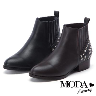 短靴 MODA Luxury 個性拼接鉚釘牛皮尖頭粗跟短靴－黑