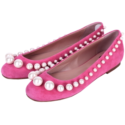 BOUTIQUE MOSCHINO 珍珠飾麂皮平底娃娃鞋(桃紅色)