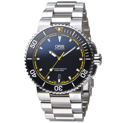 Oris豪利時 Aquis 時間之海系列潛水機械腕錶-銀色x黑色/43mm