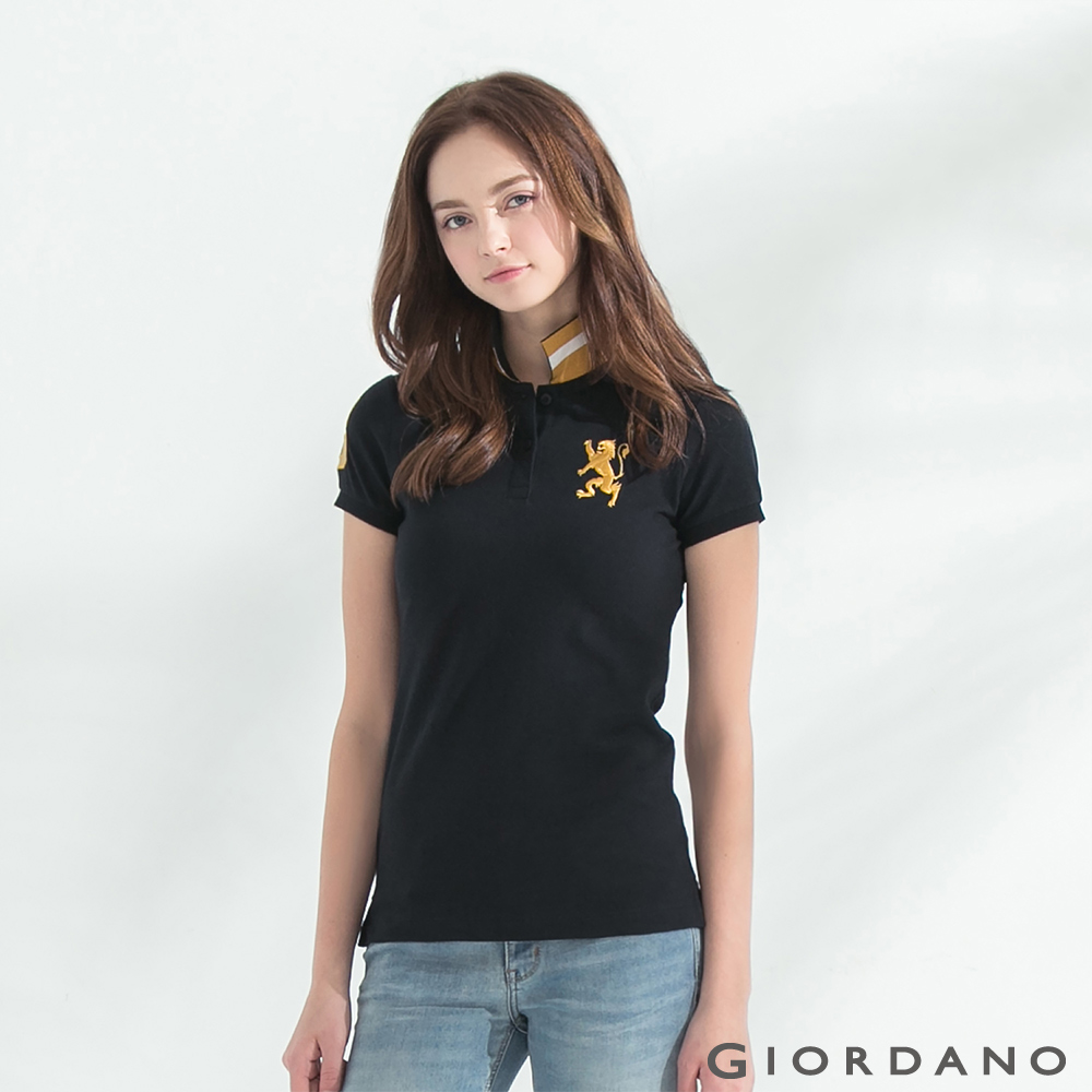 GIORDANO 女裝獅王3D刺繡彈性POLO衫-01 標誌黑