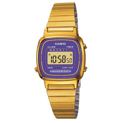 CASIO 復古風金色電子錶(LA670WGA-6)-金/紫框/30.3mm