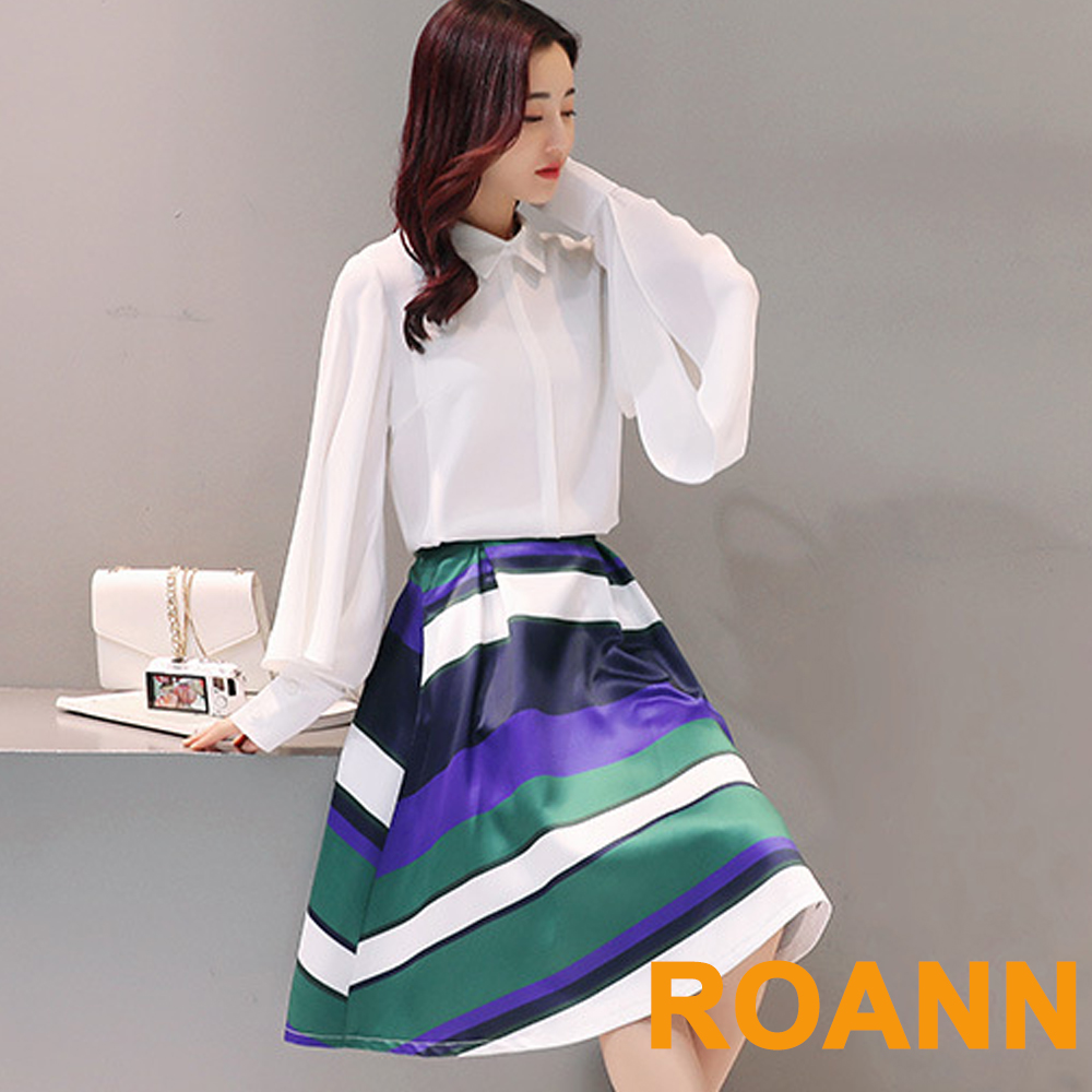 荷葉袖襯衫+條紋長裙套裝(白色)-ROANN