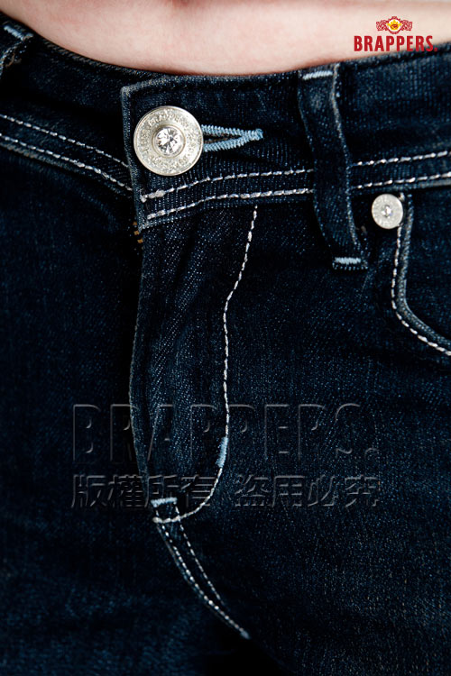 BRAPPERS 女款新美腳Royal系列-女用彈性黑粉波浪鑲鑽七分反摺褲-藍