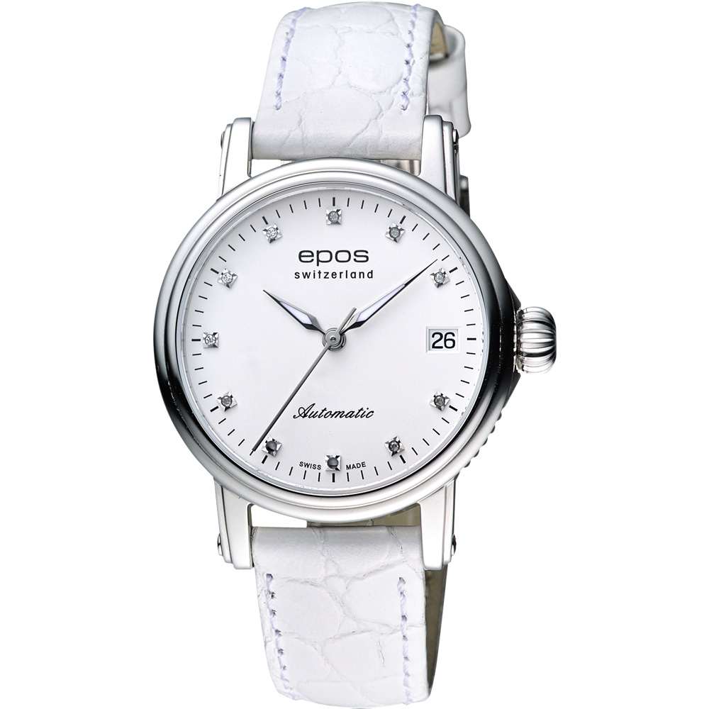 EPOS 都會雅緻時尚真鑽機械女錶-銀x白色錶帶/34mm