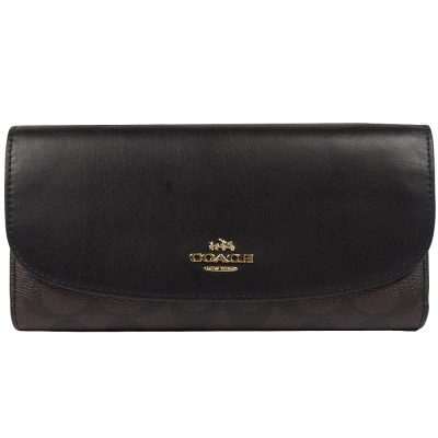 COACH 深咖LOGO PVC拼接牛皮三折式長夾(黑)