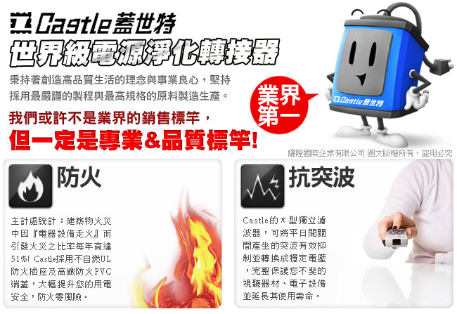 Castle 蓋世特 防火防雷電源突波保護插座-6座3孔(蘋果白)