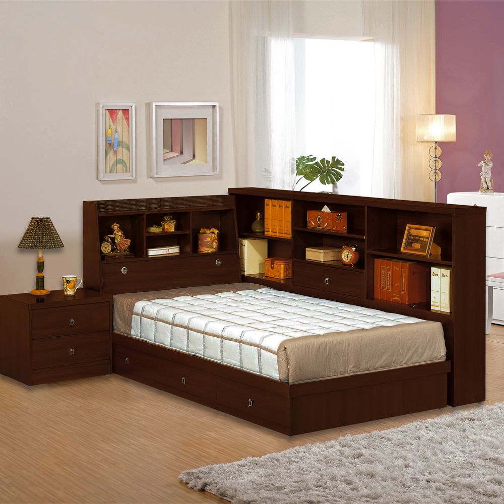 時尚屋 羅爾3.5尺胡桃色書架型加大單人床 (只含床頭-床底-收納櫃-床頭櫃、不含