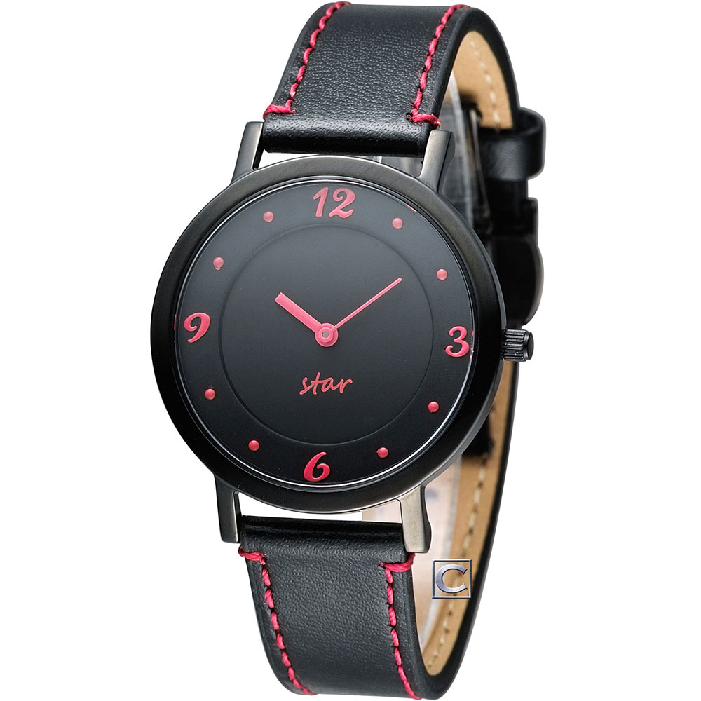 STAR 時代 恣意漫步時尚腕錶-黑x紅/34mm