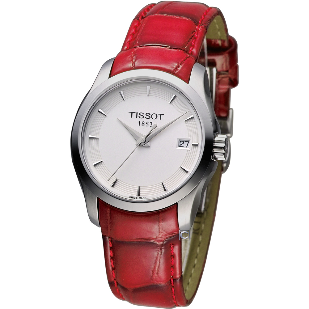 TISSOT Couturier 建構師系列 女用時尚腕錶-白x紅色錶帶/32mm