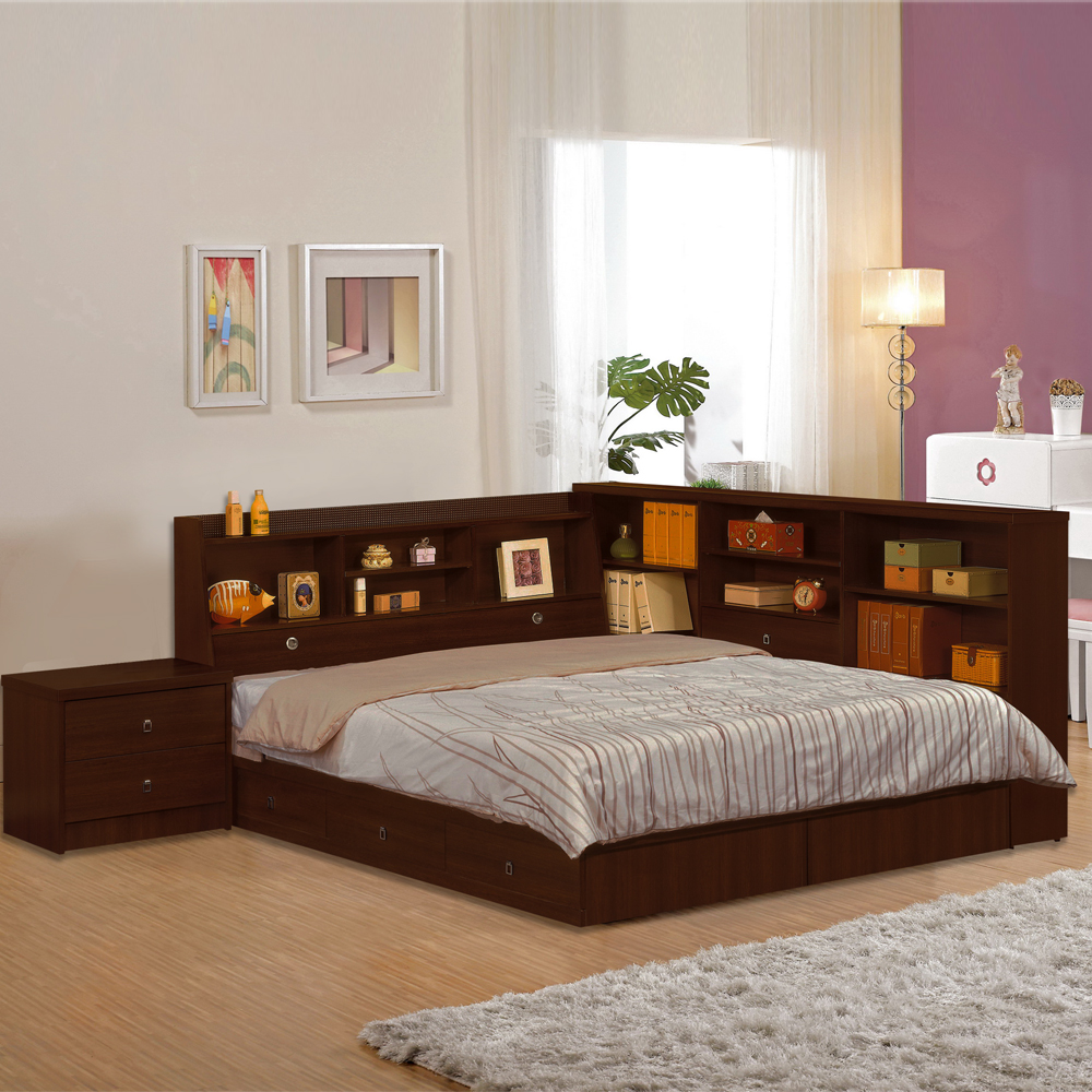 時尚屋 羅爾5尺胡桃色書架型雙人床(只含床頭-床底-收納櫃-床頭櫃、不含床墊)