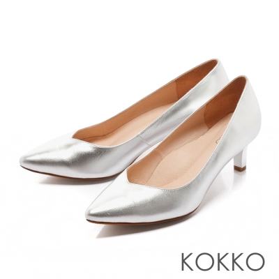 KOKKO日本彎折工藝- 經典尖頭透氣真皮高跟鞋 - 金屬銀