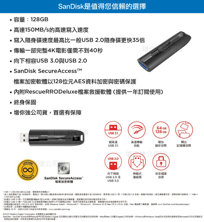原2199 ）SanDisk Extreme Go USB3.1隨身碟CZ800 128GB