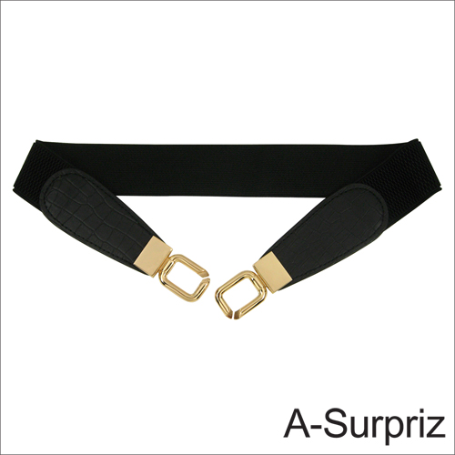 A-Surpriz O型釦環鱷紋皮彈性細版腰帶(黑)