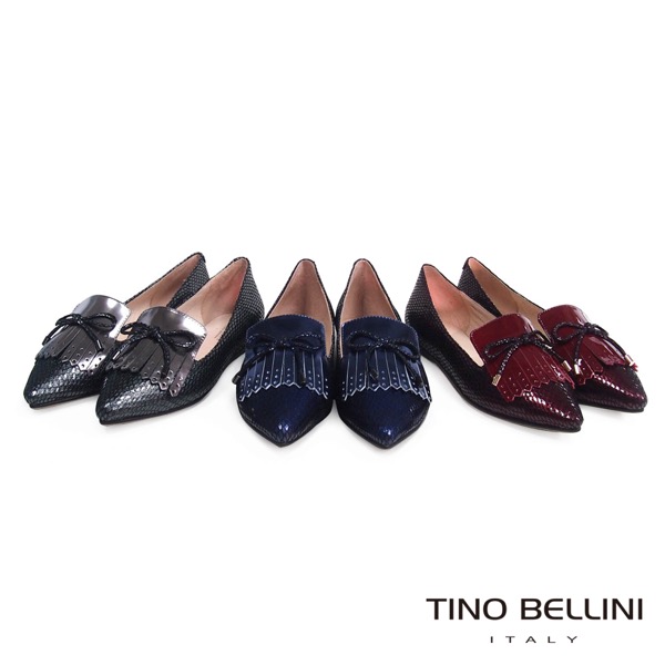 Tino Bellini 金屬色感蛇紋流蘇尖頭樂福鞋_銀河灰