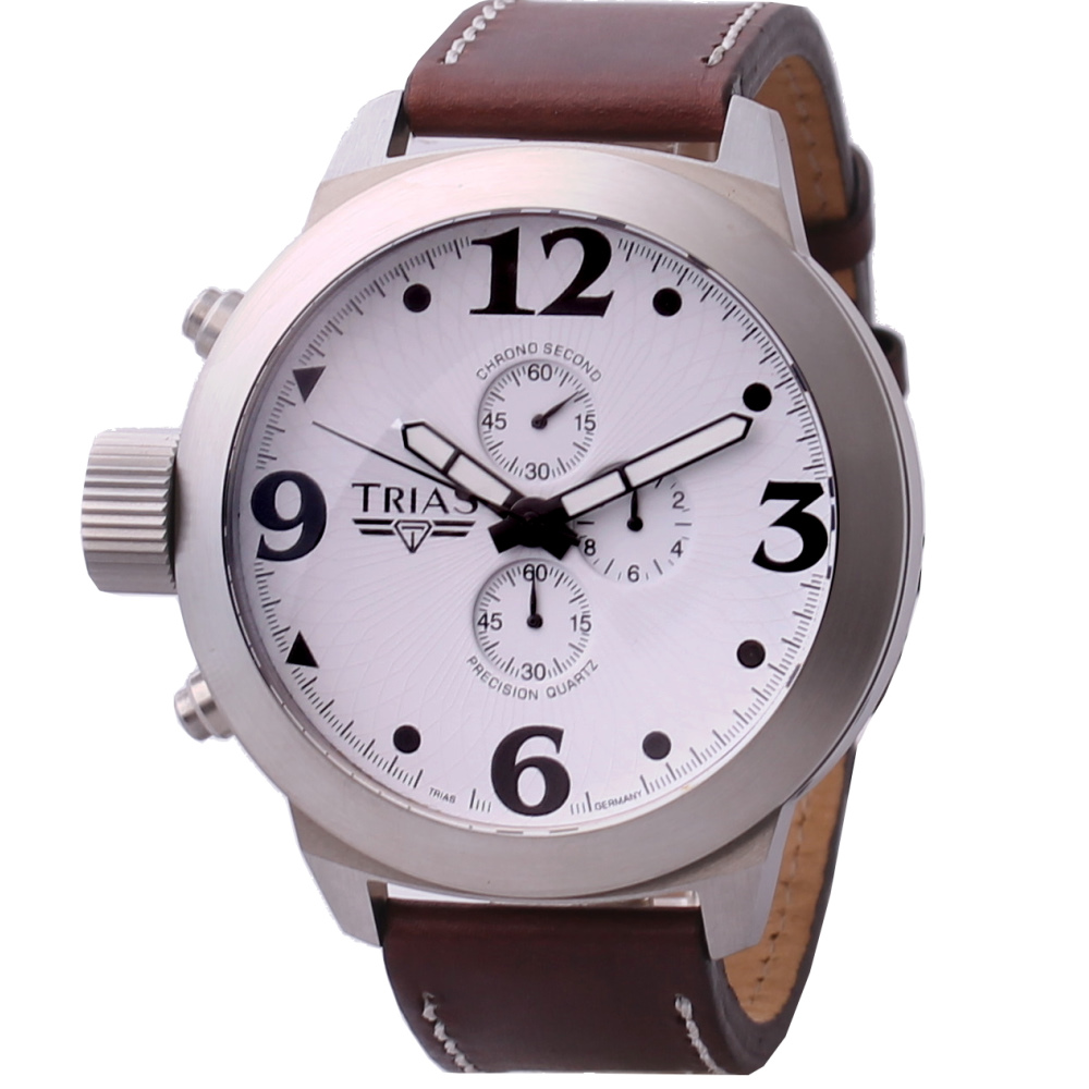 TRIAS 左冠大表徑三眼計時腕錶-白/53mm