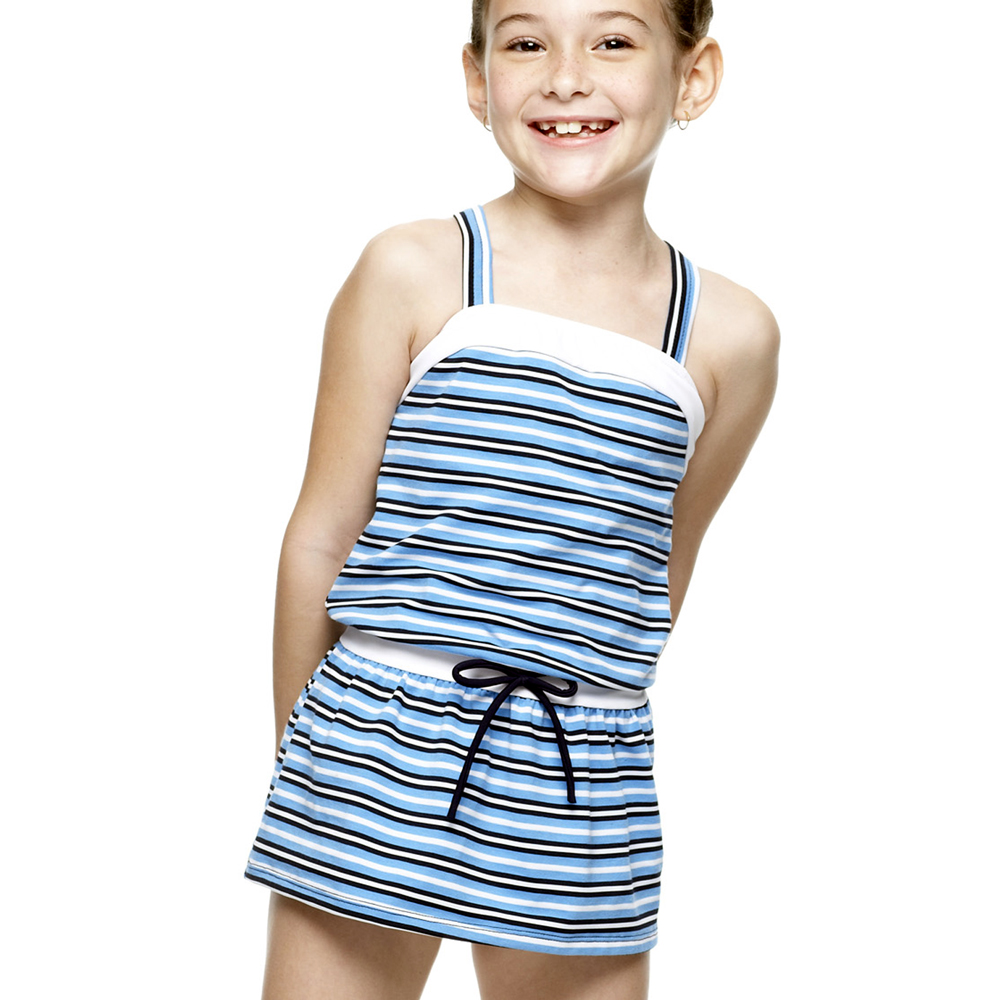沙兒斯 橫紋圍兜造型兩件式女童泳裝