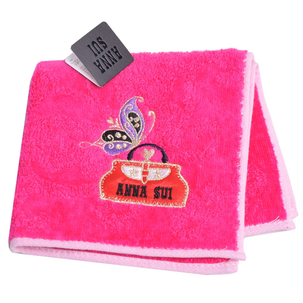 ANNA SUI 可愛蝴蝶包包圖騰字母LOGO刺繡小方巾(桃粉底)