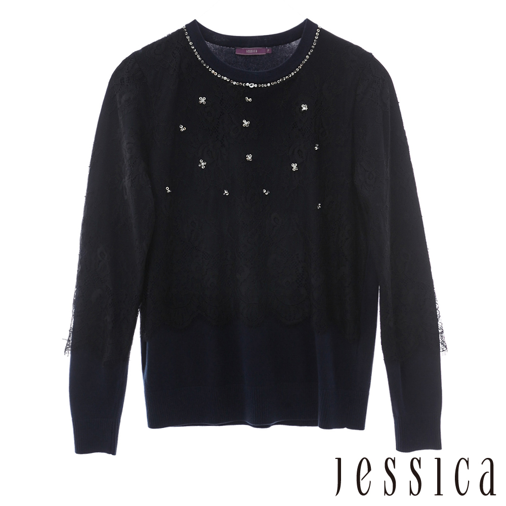 JESSICA-精緻蕾絲珠寶點綴上衣(深藍)
