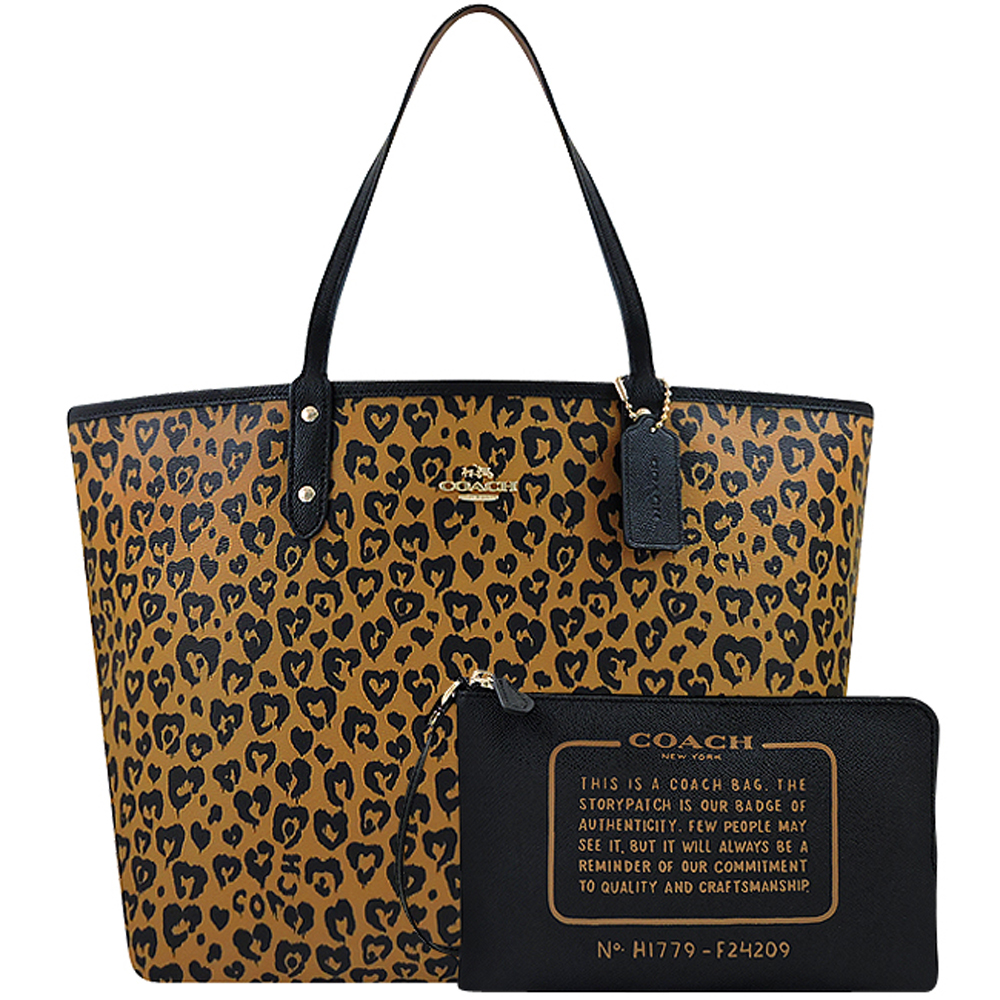 COACH 咖啡色豹紋愛心PVC雙面托特包-大型/附手拿包