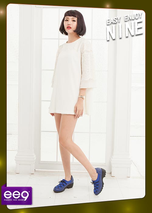 ee9 MIT經典手工~率性風格靚亮異材質併接繫帶休閒跟鞋-藍色