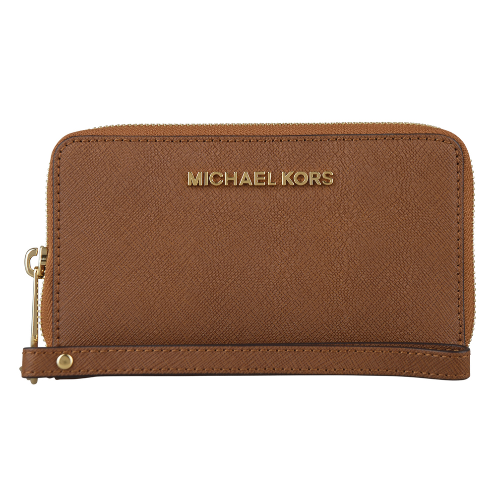 MICHAEL KORS JET SET TRAVEL金字防刮皮革手機中夾(棕)